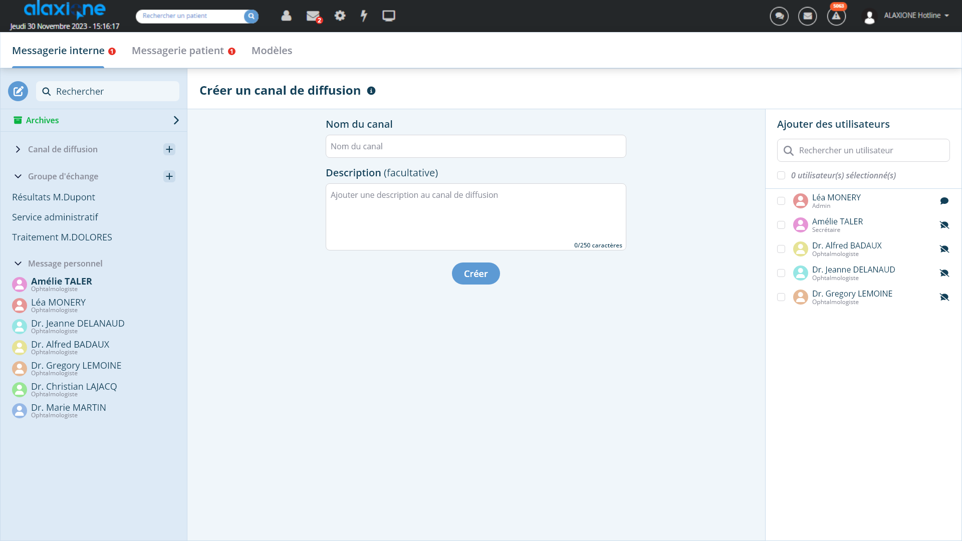 Formulaire de création d’un canal de diffusion