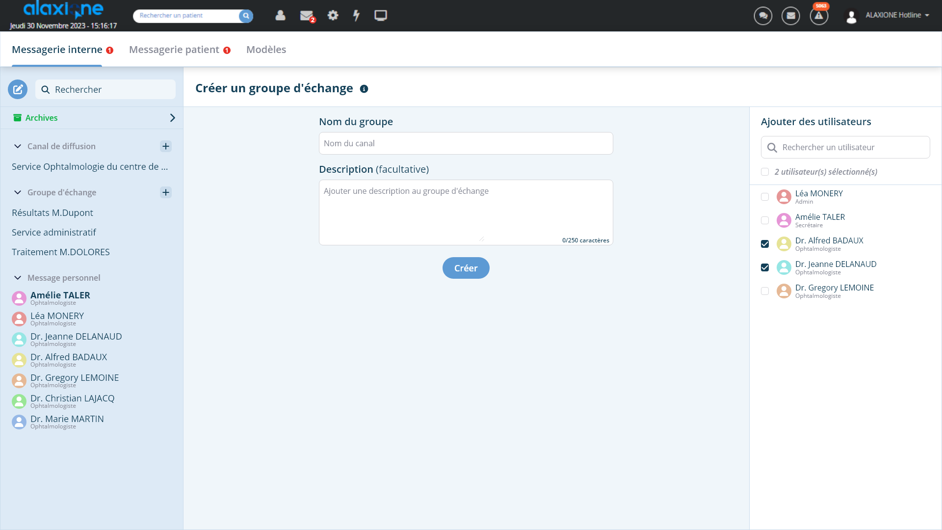 Formulaire de création d’un groupe avec son nom et la sélection des utilisateurs