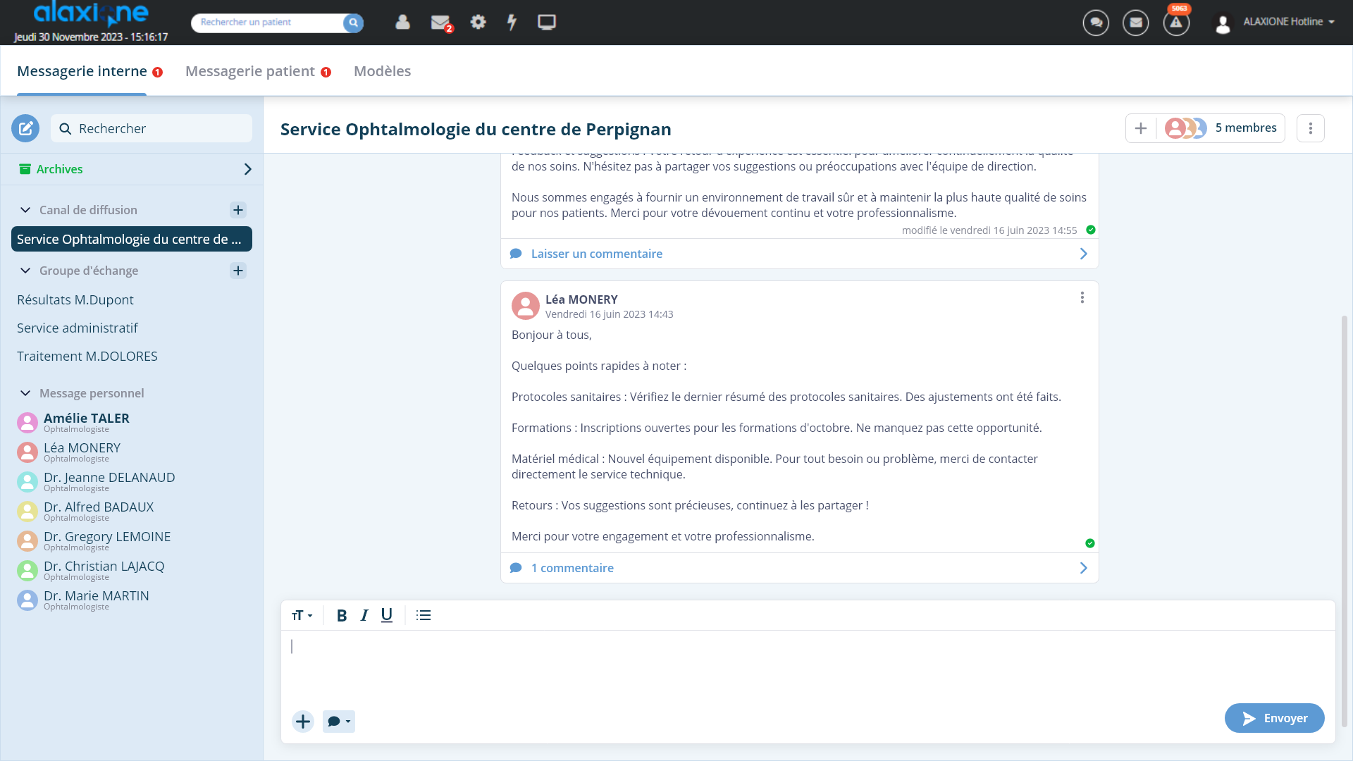 Aperçu de la messagerie interne Alaxione
