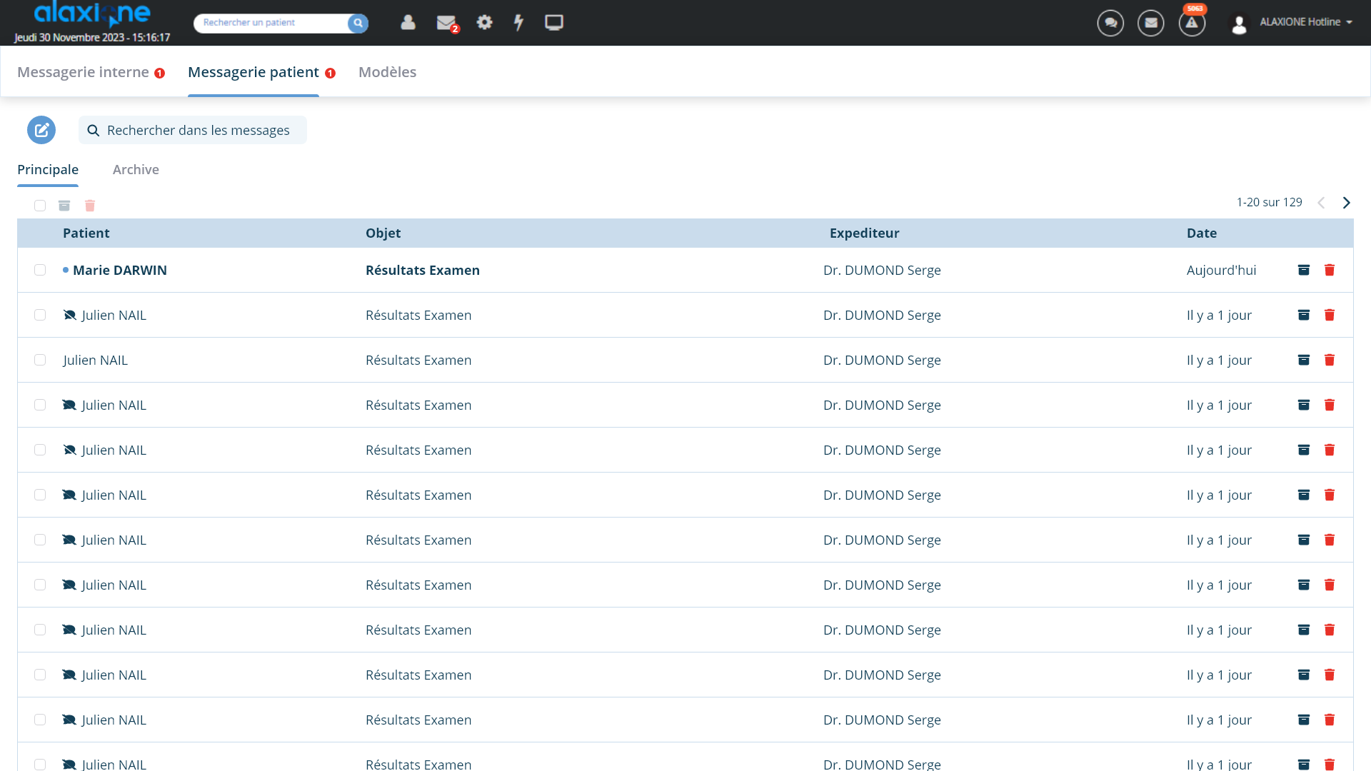 Liste des conversations avec les patients