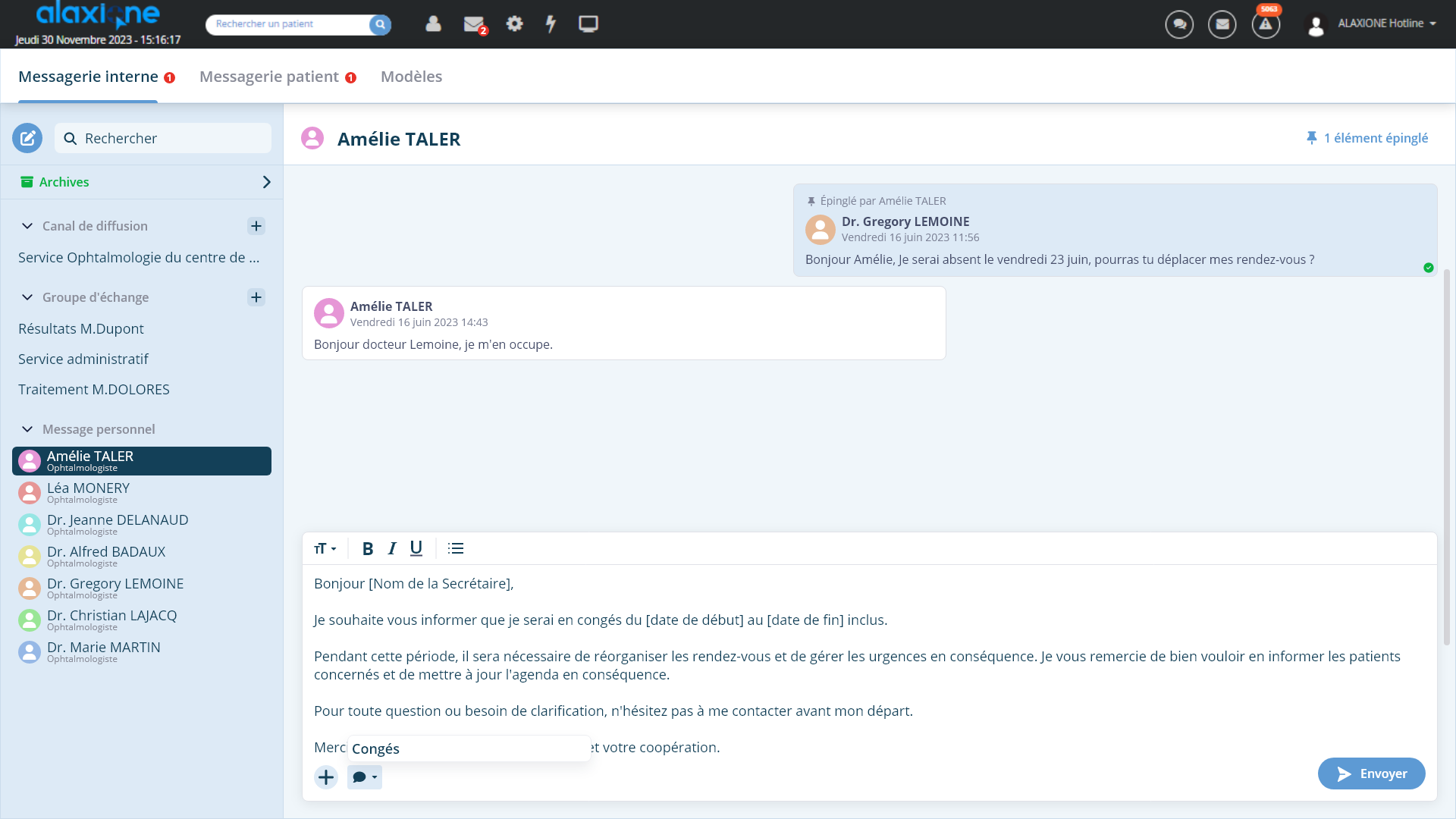 Liste des modèles ouverte depuis l’éditeur d’un message personnel